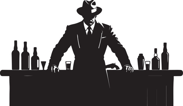 Man in suit and hat behind bar with bottles and gun vector
