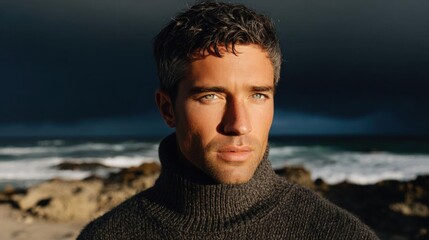 Portrait of a young man standing on a rocky beach with the ocean in the background. the man is looking directly at the camera with a serious expression on his face.