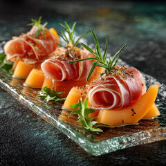 Prosciutto e Melone Cantaloupe slices wrapped in Parma ham on a glass platter