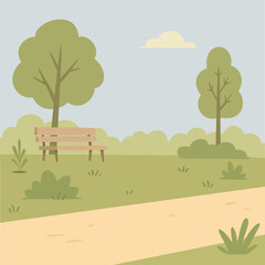 Tranquil park scene with bench and pathway