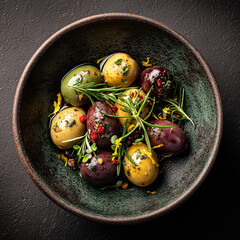 Mixed olives marinated with herbs and citrus peel.in a ceramic bowl placed at the center of a dark background