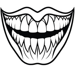 Cartoon vector illustration of a funny woman's face with an open mouth, showing teeth, tongue, and lips, ideal for dental health or dentist designs