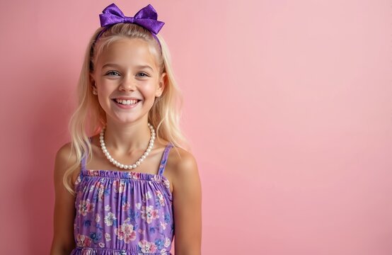 Joyful young girl smiles brightly in stylish floral purple dress, pearl necklace. Blonde hair adorned with purple bow accessory. Feminine portrait against solid pink background, evoking happiness,