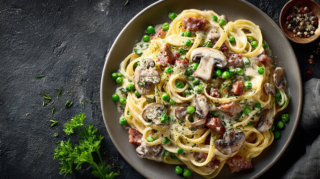 Pasta alla Boscaiola Pasta with mushrooms, peas, and sausage in a cream sauceon a plate 