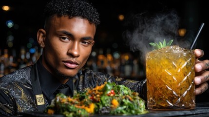 Bartender mixing pumpkin spice cocktail, guy, one person, gardening, handsome