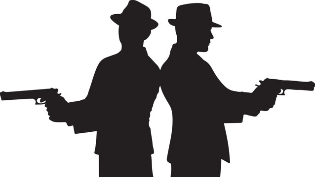 Silhouetted men holding guns pistols fedora hats