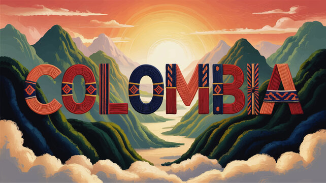 Vibrant Colombia Landscape Illustration with Sunrise, Andean Mountains, Clouds, and Ethnic Typography for Travel and Tourism Design