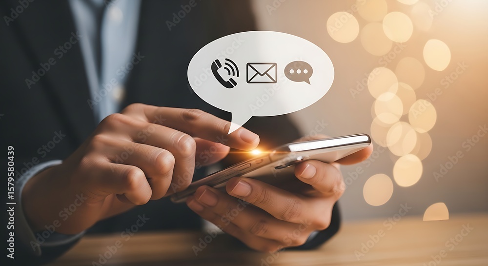 Poster a person using a smartphone with contact icons above it in a speech bubble on a blurred background