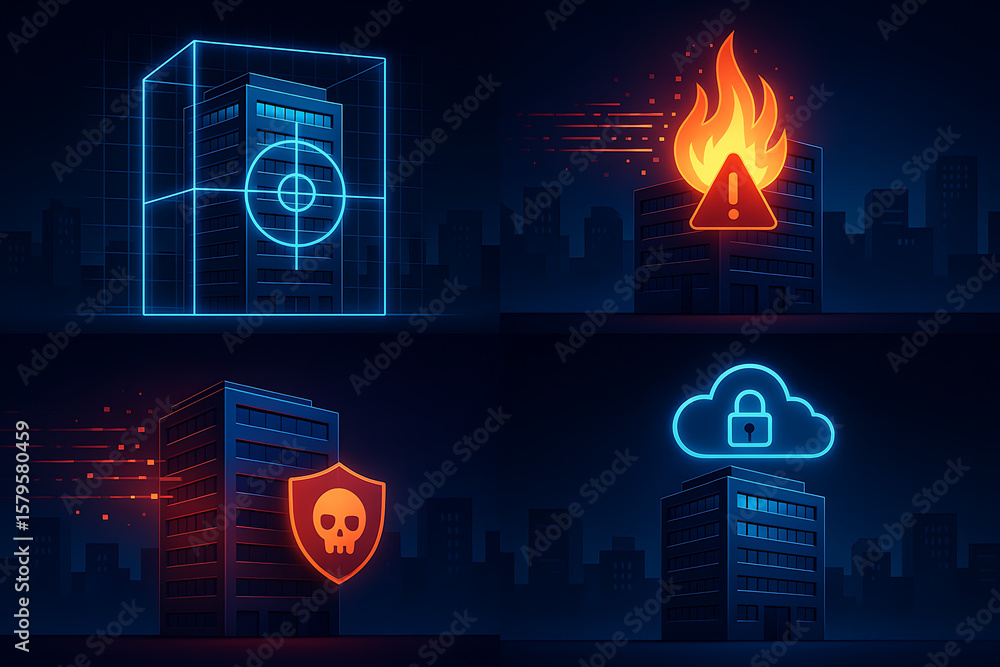 Poster cybersecurity threats and protection concept showing business risks like hacking malware fire attack
