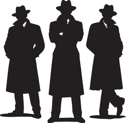 Three men silhouettes wearing fedoras and trench coats standing