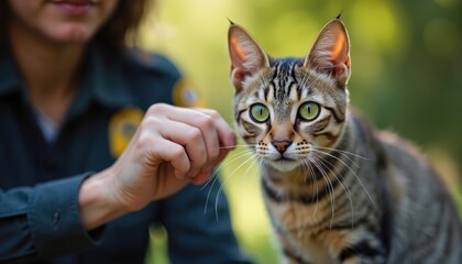 Animal control worker scans stray cat for microchip, pet identification importance. Worker in uniform uses scanner on feline. Focus on animal welfare, rescue efforts, reuniting lost pets with owners.