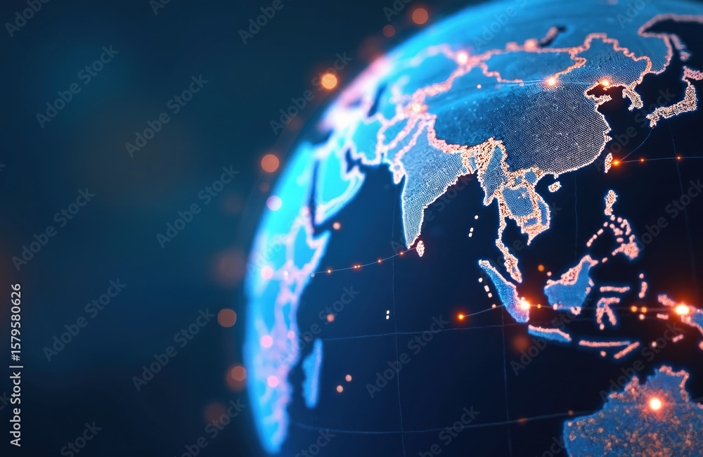 Poster digital globe graphic, abstract blue world map with glowing orange connections and binary code. futu