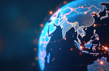Digital globe graphic, abstract blue world map with glowing orange connections and binary code. Futuristic cyberspace network symbolizes global communication, data flow, and innovation in technology.