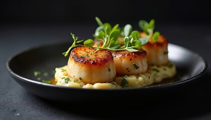 Photorealistic seared scallops in elegant style, dark tones, served with microgreens on black plate, ideal for upscale restaurant branding