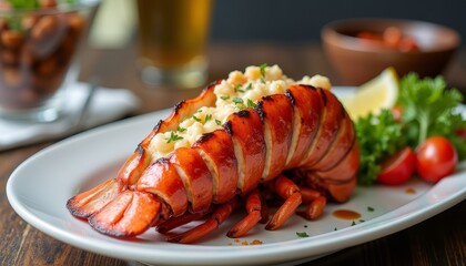 Photorealistic grilled lobster tail in minimal style, warm tones, served with lemon slice on white ceramic plate, ideal for seafood restaurant menu.