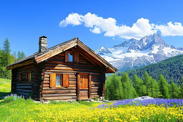 Obraz premium Rustic Log Cabin Nestled in Alpine Meadow with Snow-Capped Mount
