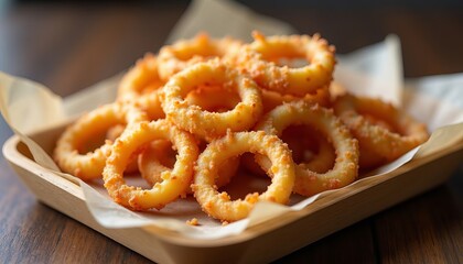Photorealistic fried calamari in casual style, golden tones, presented on parchment paper with dipping sauce, ideal for snack bar or bistro branding