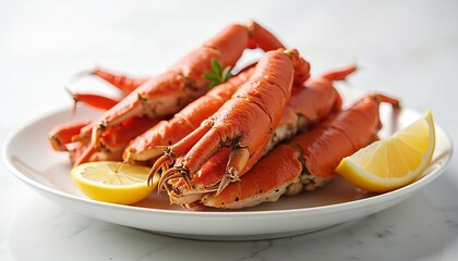 Photorealistic steamed crab legs in clean style, neutral tones, served with melted butter on white plate, great for seafood restaurant advertising