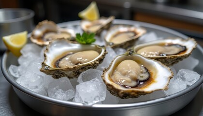 Photorealistic fresh oysters in natural light, cool tones, served on crushed ice with lemon and salt, perfect for seafood advertising or menus
