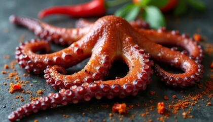 Photorealistic grilled octopus in rustic style, earthy tones, served with paprika spice on textured stone, suitable for bold seafood advertising.