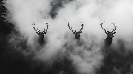 Three Stags Emerging from a Misty Forest, Antlers Silhouetted Ag