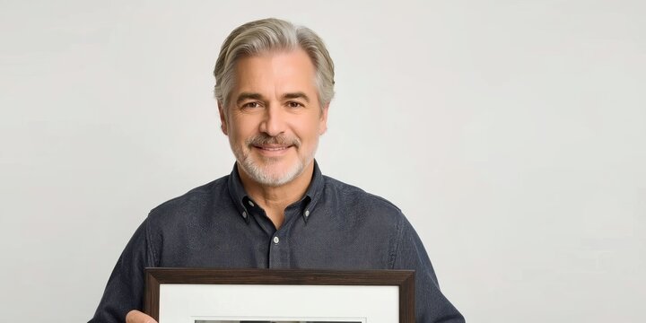 Smiling gray-haired man holding blank white frame casual outfit studio - Powered by Adobe