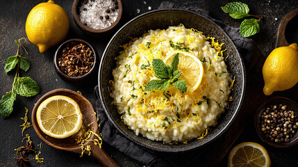 Risotto al Limone Creamy lemon risotto with a fresh citrus aroma in a bowl placed with citrus salt and pepper