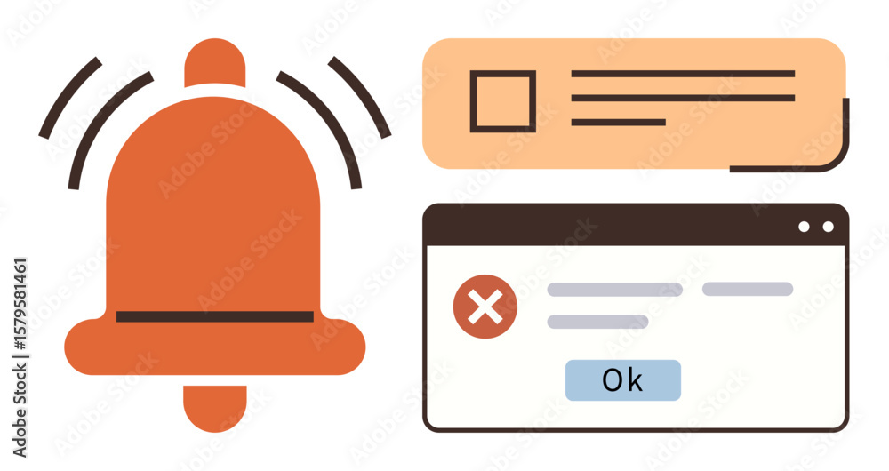 Poster ringing bell for notifications, alert pop-up with error sign and ok button, and message checkbox. id