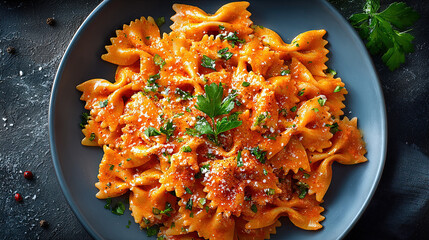 Farfalle alla Vodka Bow-tie pasta in a creamy vodka tomato sauceon at the center of a dark background