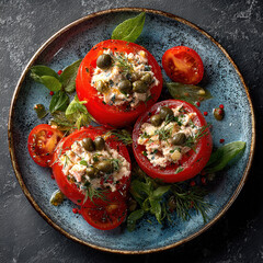 Cold stuffed tomatoes with tuna and capers on a porcelain plate 