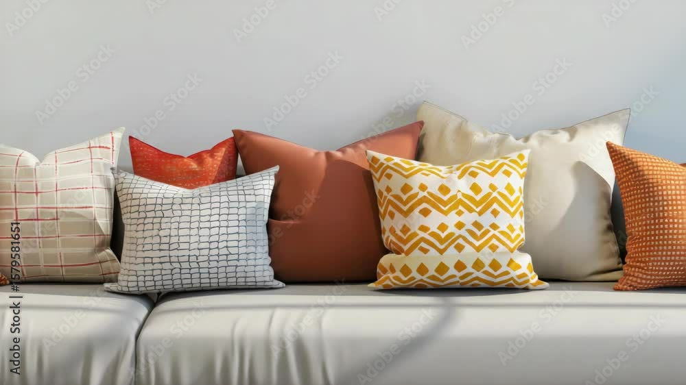 Poster a couch with a variety of pillows on it. the pillows are of different colors and patterns