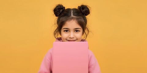 Smiling girl with black hair buns holding pink book on yellow backgrou
