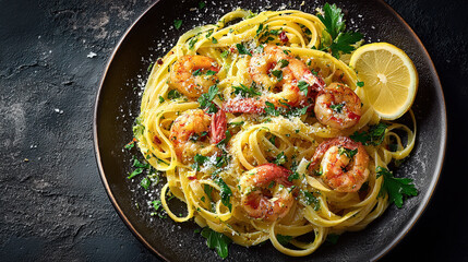 Linguine with lemon and shrimp. Presented on a black plate dark background