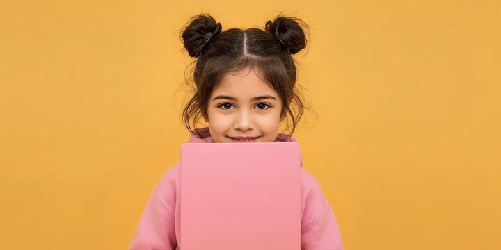 Smiling girl with black hair buns holding pink book on yellow backgrou