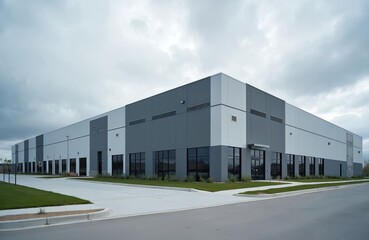 Modern industrial building exterior. Large gray, white structure with many windows. Features clean lines, geometric design, suggesting tech hub logistics center. Suitable for business, data,