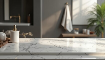 Minimalist dark bathroom interior features a white marble tabletop for product display. Blurred background with soap dispenser, towel, and plant enhances serene, clean, modern spa aesthetic.
