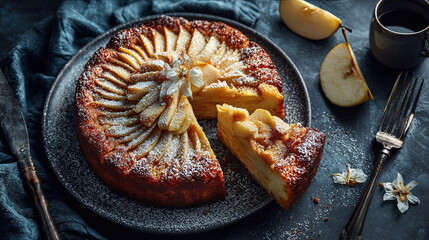Torta di Mele Classic apple cake with cinnamon and sugar crust on dark blue plate.