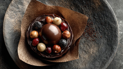 Chocolate hazelnut pralines in a paper wrapper placed at the center of a dark textured background. Shiny chocolate dome with foil wrap 
