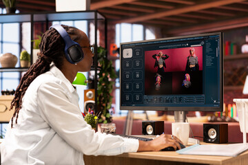 Woman in apartment using AI software turning text prompt into photos and listening music. Person in...