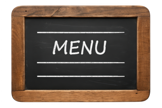 Menu board with wooden frame isolated on transparent background