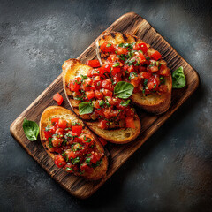 Bruschetta al Pomodoro Grilled bread topped with diced tomatoes, garlic, and basil on wooden board placed at the center of a dark background