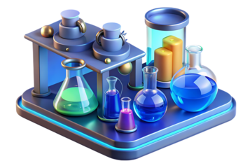 3 D rendered laboratory setup with beakers and flasks in... isolated on a transparent background