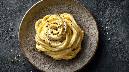 Thick hand-rolled pasta with cheese and pepper. with space around for elegant visual balance. Creamy white sauce with visible black pepper