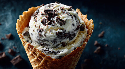 Creamy vanilla gelato with fine chocolate flakes.with dark background. White gelato with dark shards throughout