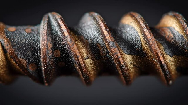 Macro photo of a rough, rusty industrial screw thread detail.