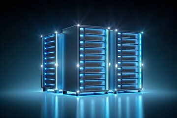 Three Glowing Server Racks with Blue Light Accents on Dark Background for Advanced Data Storage Cloud Computing Technology