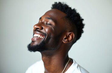 Obraz premium Young Black man laughs heartily in studio, eyes closed, celebrating flawless melanin skin. Radiant, confident, joyful expression. Represents skincare, beauty, self-care, and male grooming.