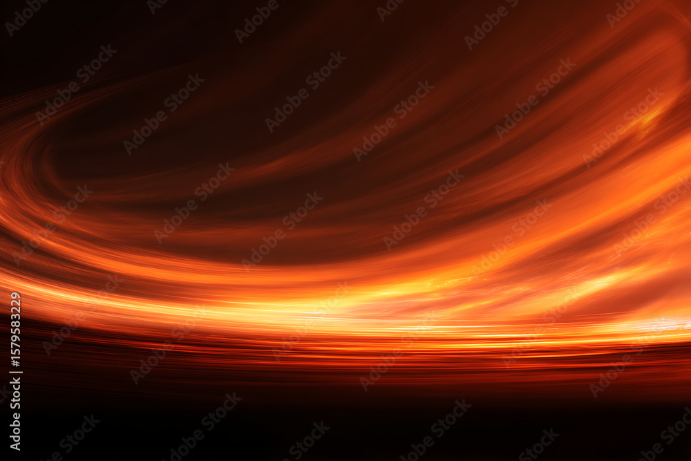 Poster abstract fiery orange swirls of glowing light over a dark background with dynamic energy lines creat