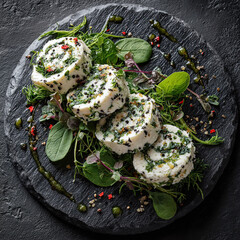 Caprino con Erbe Goat cheese medallions rolled in fresh herbson on slate plate, dark background. Styled like a high-end food magazine photo