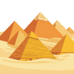 Stylized egyptian pyramids in the desert landscape under a white sky